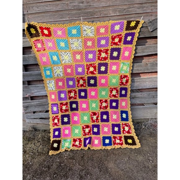 Vintage Colorful Granny Square Crochet Afghan 75x56" - Picture 5 of 16